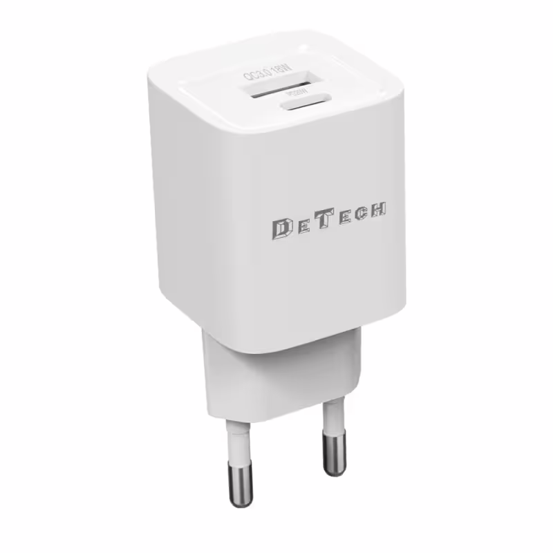 Мрежово зарядно устройство DeTech DE-60, 20W, 1 x Type-C F, 1 x USB F, PD, QC, Бял - 40543