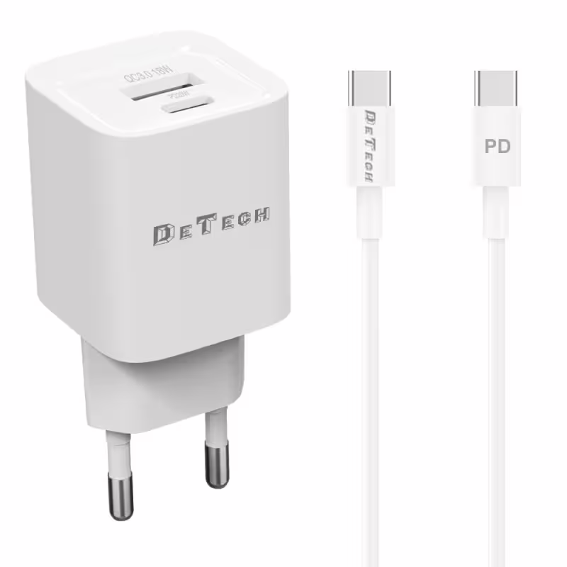Мрежово зарядно устройство DeTech DE-60C, 20W, 1 x Type-C F, 1 x USB F, PD, QC, С кабел Type-C - Type-C, 1.0m, Бял - 40544
