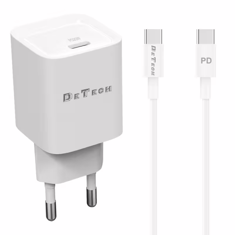 Мрежово зарядно устройство DeTech DE-61C, 20W, 1 x Type-C F, PD, С кабел Type-C - Type-C, 1.0m, Бял - 40546