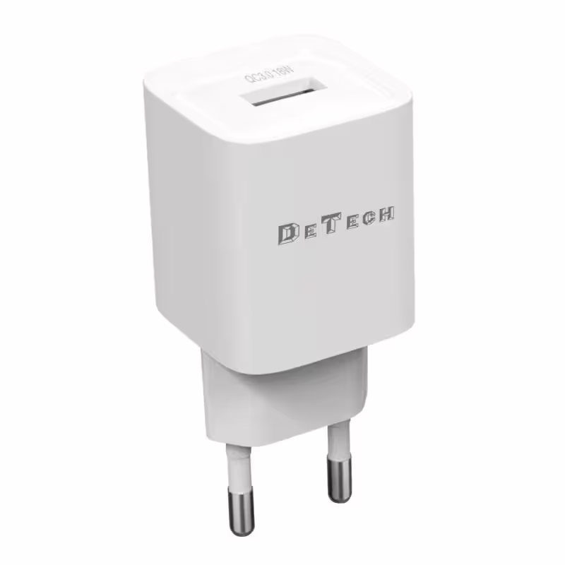 Мрежово зарядно устройство DeTech DE-62, 18W, 1 x USB F, QC, Бял - 40547