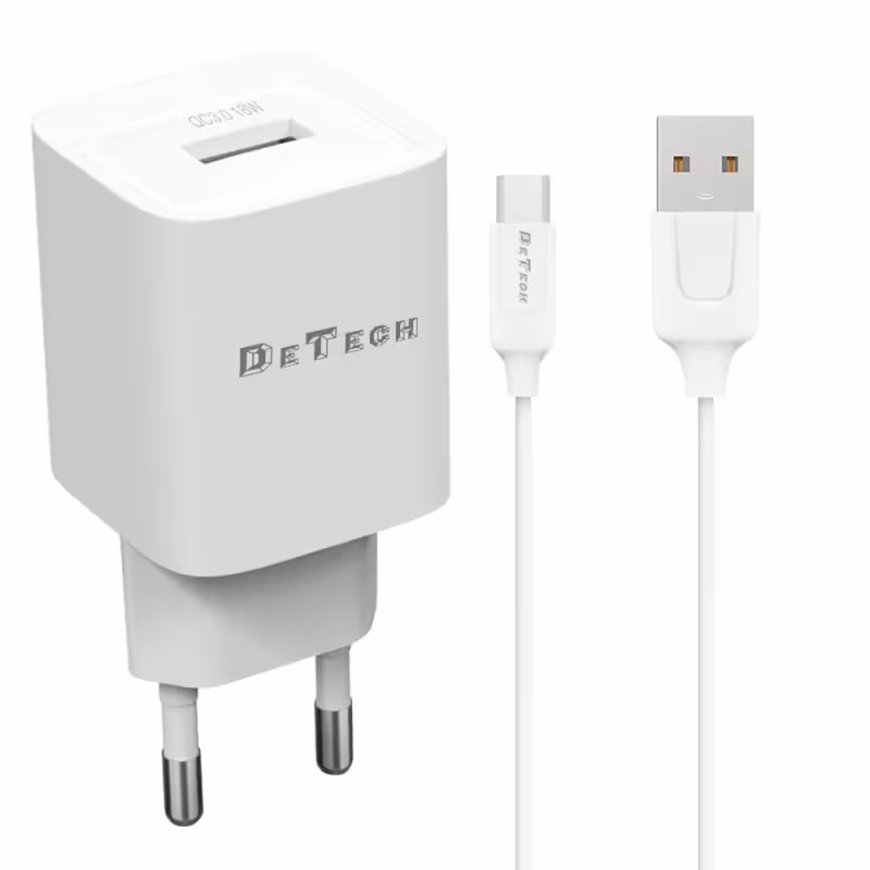 Мрежово зарядно устройство DeTech DE-62C, 18W, 1 x USB F, С кабел Type-C, QC, Бял - 40548