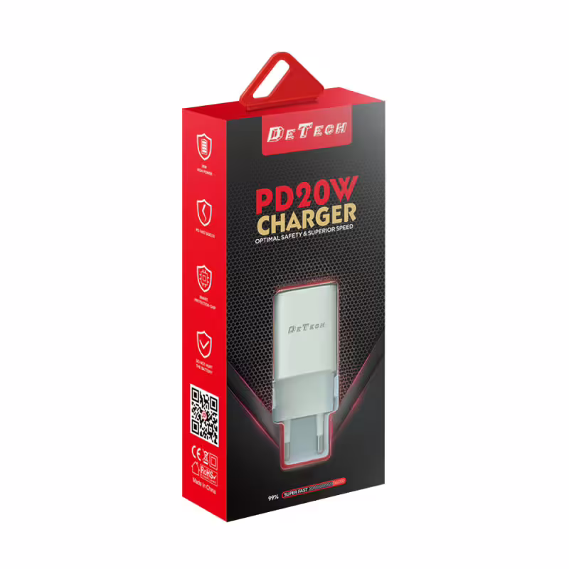 Мрежово зарядно устройство DeTech DE-61, 20W, 1 x Type-C F, PD, Бял - 40545