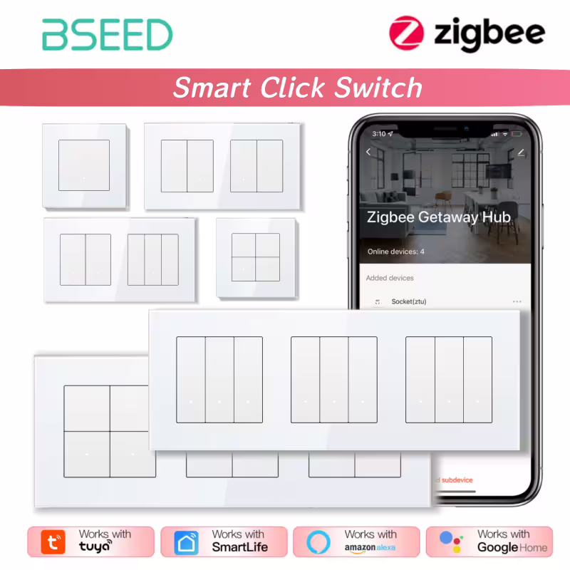 BSEED Смарт Ключ за Осветление Zigbee Click с Нула и Стъклена Рамка (1/2/3/4 Gang)