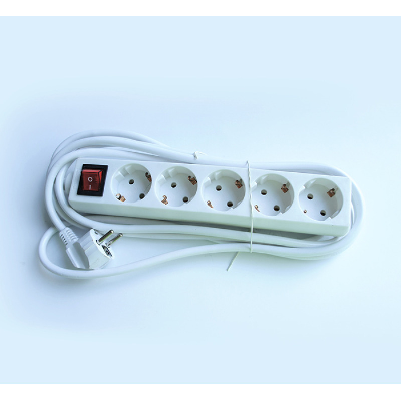 Разклонител C1-H5T, контакт,  ключ, 5-ца, бял, 3m, 220VAC, 10A, 3x1,5mm2