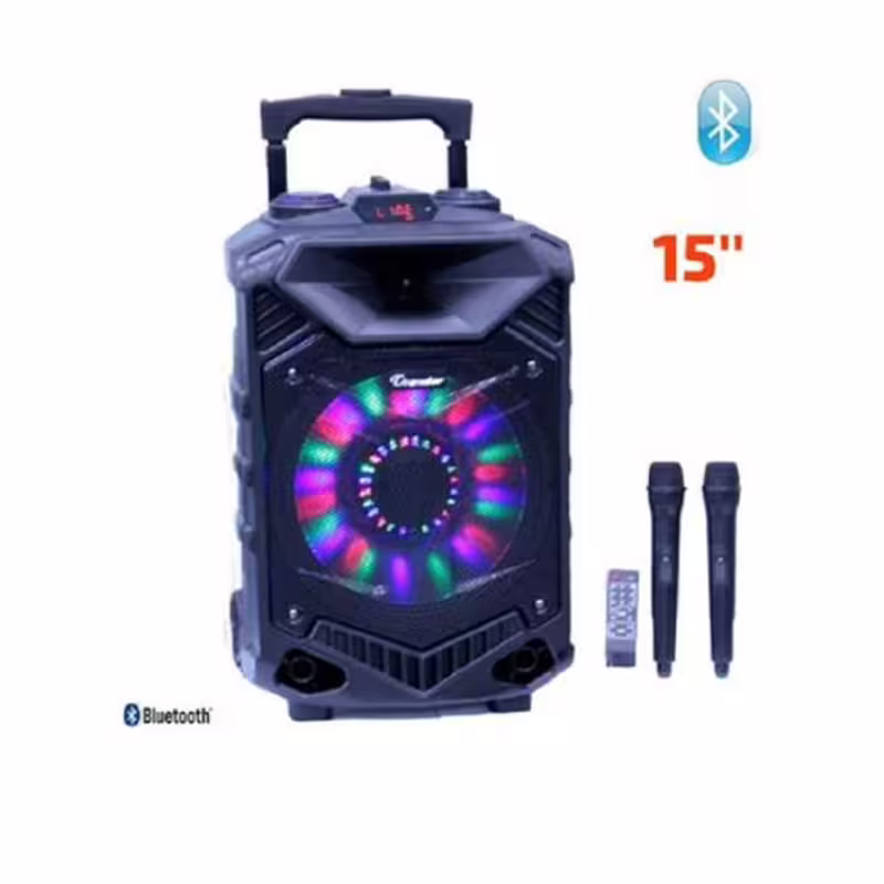 Преносима активна караоке тонколона THS-B1502 15" с вграден усилвател и 2 безжични микрофона 90W