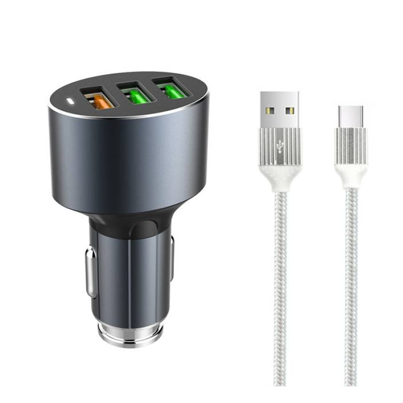 Комплект, автомобилно зарядно LDNIO, бързо зареждане, кабел Type-C, 3xUSB, от 5V до 12V, 3A