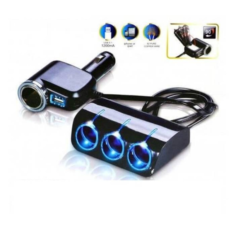 Автомобилен разклонител, 3+1 гнезда за запалка(ж), 1xUSB, 10A, 0,5m