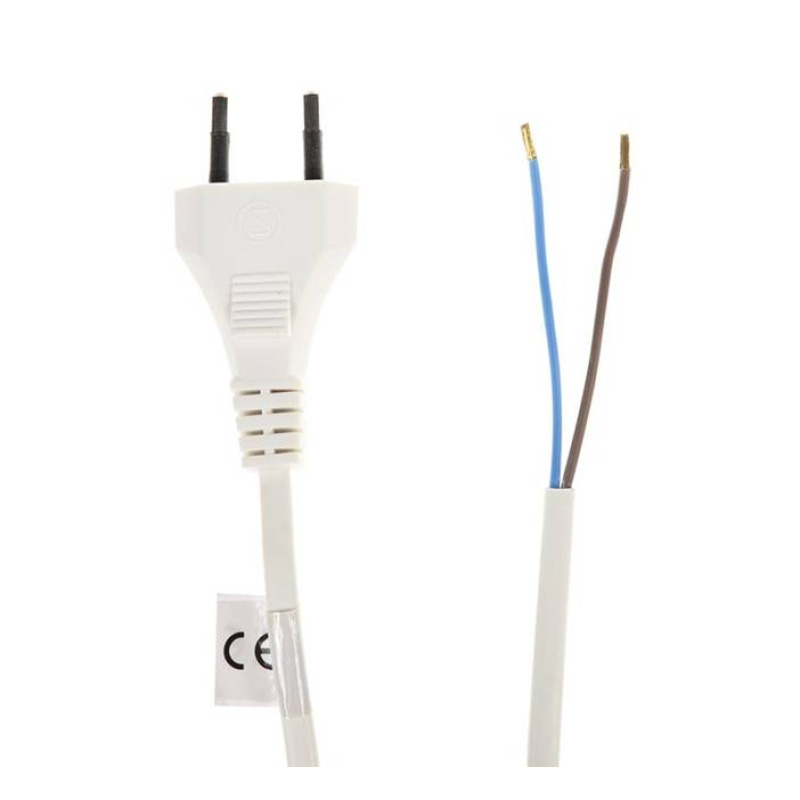 Захранващ кабел с щепсел, плосък, 2 жила, бял, 3m, 220VAC, 6A