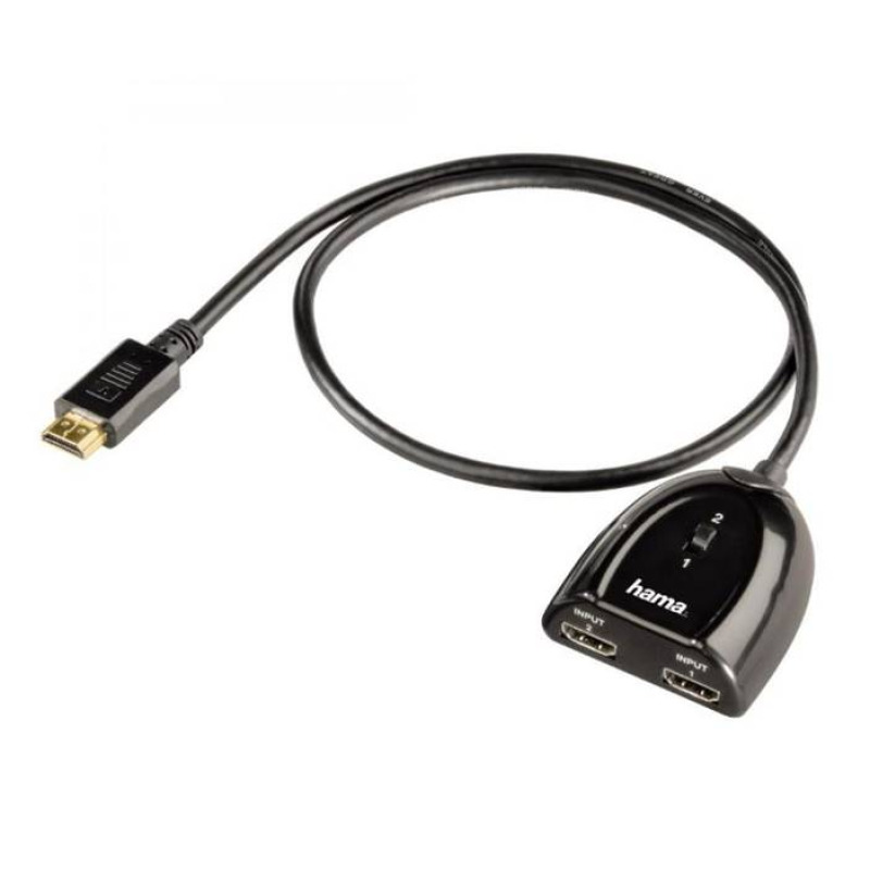 Кабел преходен HAMA, превключвател, 1080p, вход 2xHDMI(ж), изход HDMI(м), 0,5m