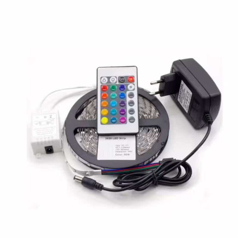 Комплект светодиодна лента, SMD3528, 60 диода, захранване, контролер, самозалепваща, RGB, IP54, 12VDC, 4,8W