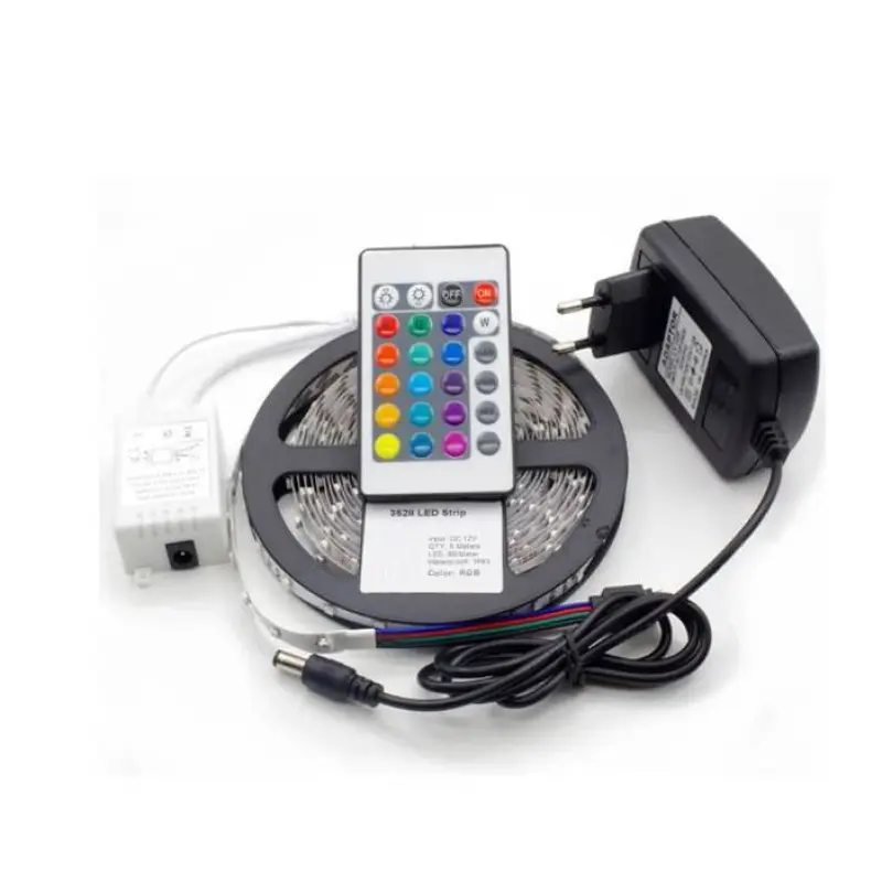 Комплект светодиодна лента, SMD3528, 60 диода, захранване, контролер, самозалепваща, RGB, IP54, 12VDC, 4,8W