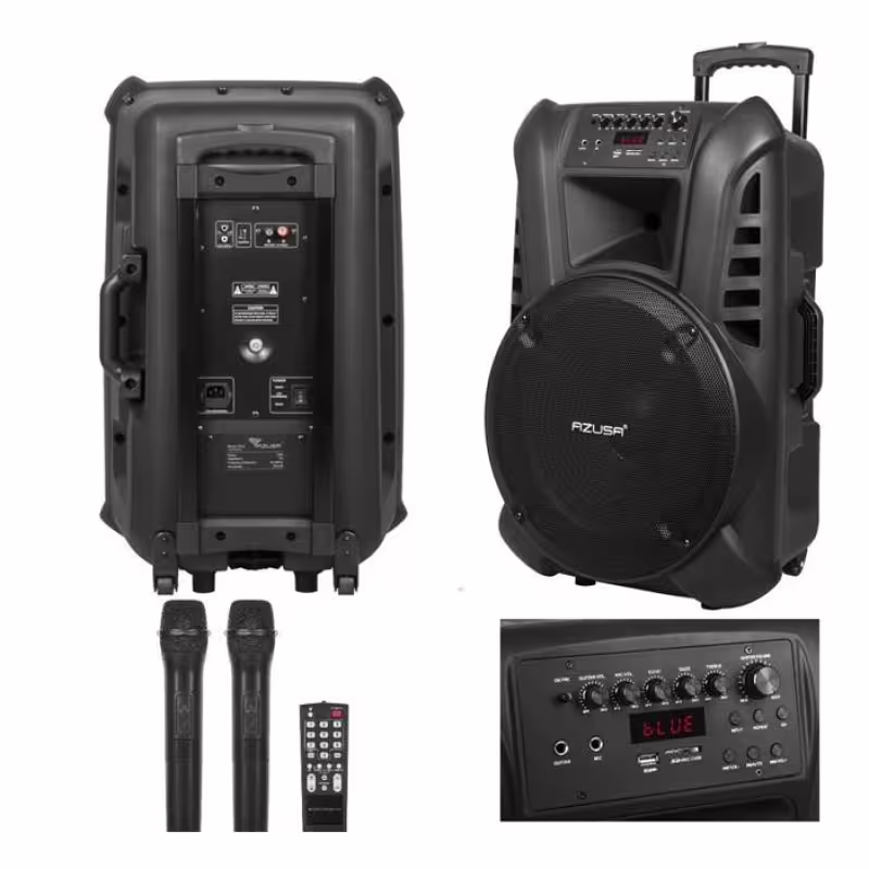 Преносима активна караоке тонколона AZUSA 15" с вграден усилвател и 2 безжични микрофона