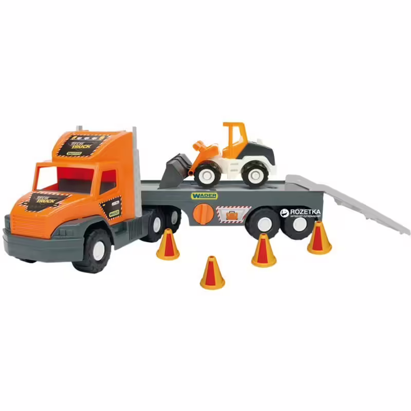 Супер голям камион с платформа и булдозер