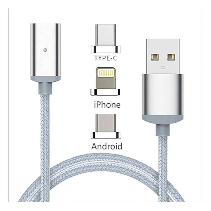Кабел 3в1 универсален, магнитен, USB-A(м), USB-C(м), MICRO USB(м), Apple lightning(м), 1m, 2A