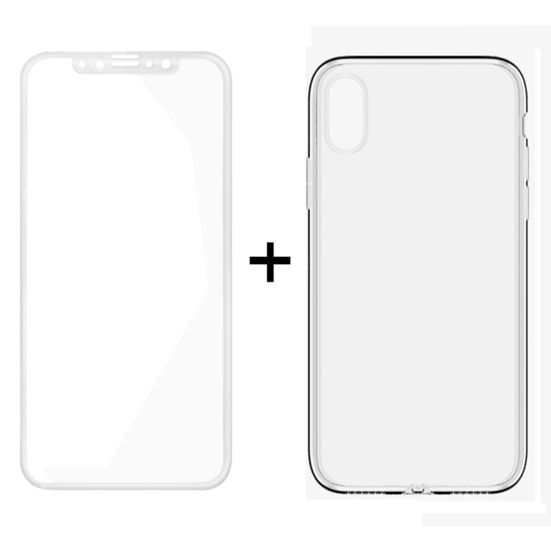 Комплект стъклен протектор + Калъф, Remax Crystal, за iPhone X, Бял - 52324
