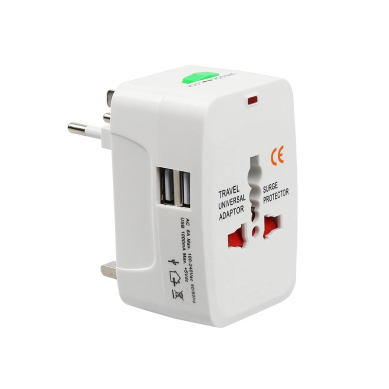 Универсален преходник - зарядно No brand, 2xUSB, 1.0A, EU/US/UK/AU към EU/US/UK/AU, 220V, Бял - 17708