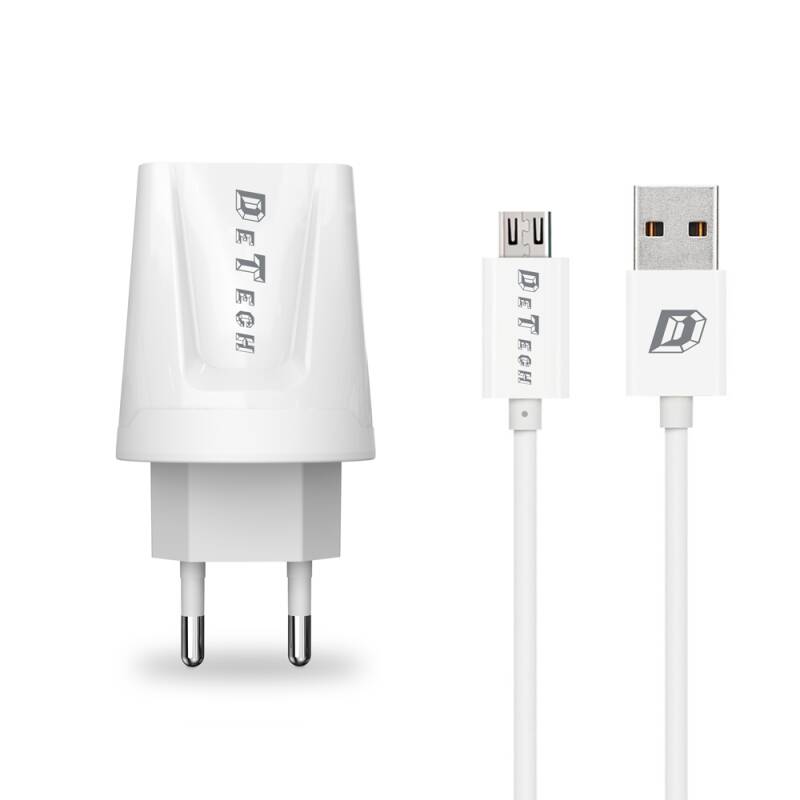 Мрежово зарядно устройство, DeTech, DE-01M, 5V/2.1A, 220V,2 x USB, С Micro USB кабел, 1.0m, Бял - 14119