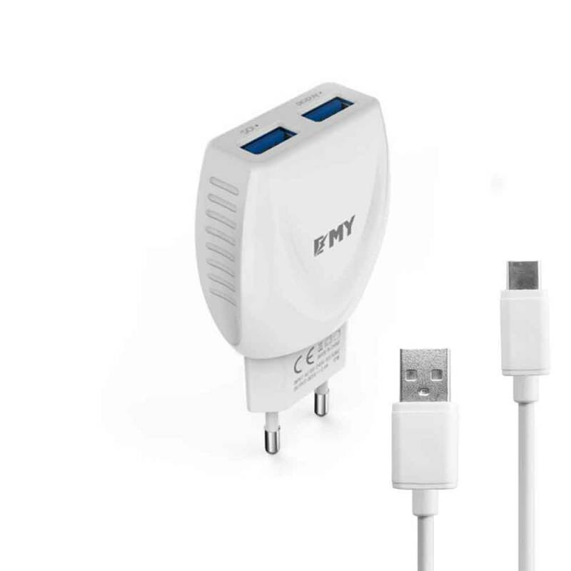 Мрежово зарядно устройство, EMY MY-221, 5V 2.1A, Универсално, 2 x USB, С Type-C кабел, Бял - 14850
