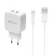 Мрежово зарядно устройство, DeTech, DE-33C, 5V/2.4A, 220V, 2 x USB, С Type-C кабел, 1.0m, Бял - 40102