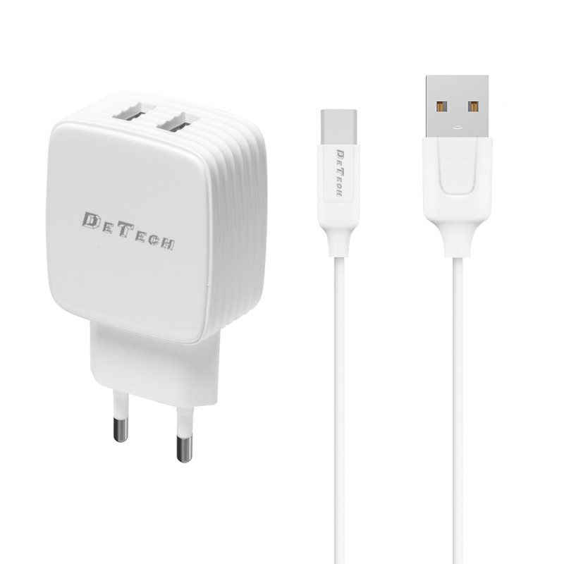 Мрежово зарядно устройство, DeTech, DE-33C, 5V/2.4A, 220V, 2 x USB, С Type-C кабел, 1.0m, Бял - 40102