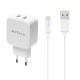 Мрежово зарядно устройство DeTech DE-33i, 5V/2.4A, 220V, 2 x USB, С Lightning кабел, 1.0m, Бял - 40101
