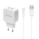 Мрежово зарядно устройство DeTech DE-33M, 5V/2.4A, 220V,2 x USB, С Micro USB кабел, 1.0m, Бял - 40100
